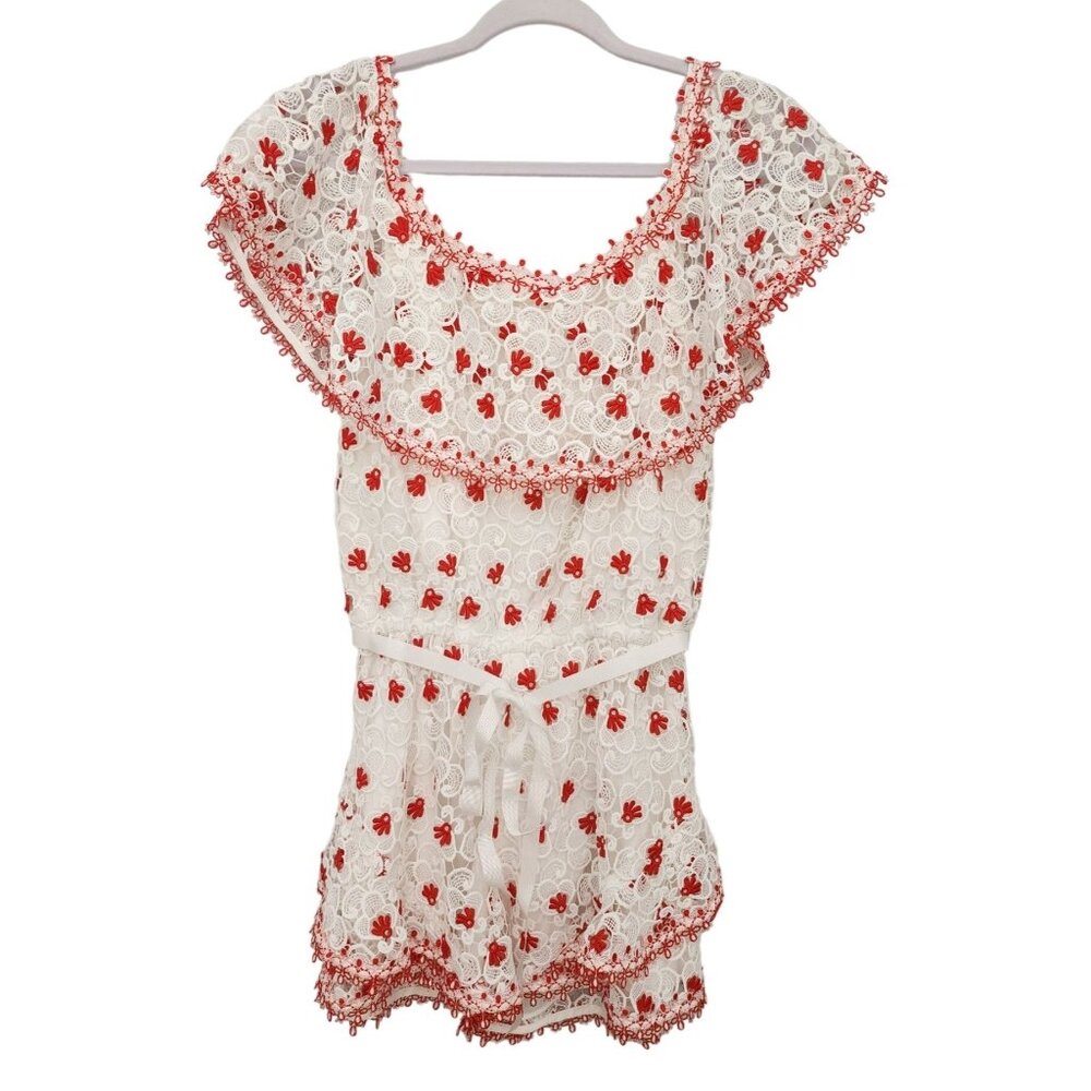 Alexis NWT Lace Romper Off The Shoulder Embroidered Red White Playsuit Medium